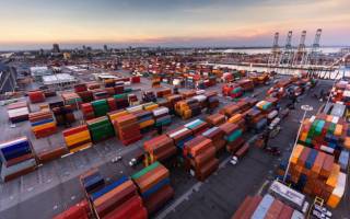 Shot of an intermodal shipping yard in the Port of Long Beach, California.